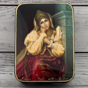 Caja de laca ucraniana única de alta calidad, escuela de pintura artística Fedoskino, retrato, hecha a mano, pintada a mano, papel maché, caja de joyería