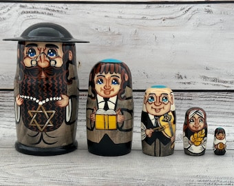 Hand Painted Jewish Family Nesting Doll, 5 Piece Matryoshka Doll
