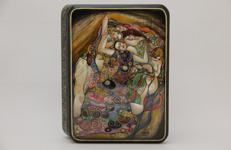 Papier Mache Hand Painted Fedoskino Art Painting School Jewelry Box Gustav Klimt Russian Lacquer Box Handmade