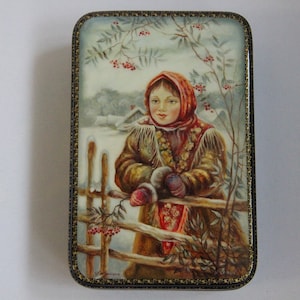 Caja de laca ucraniana única, escuela de pintura artística Fedoskino, retrato, hecha a mano, pintada a mano, papel maché, caja de joyería
