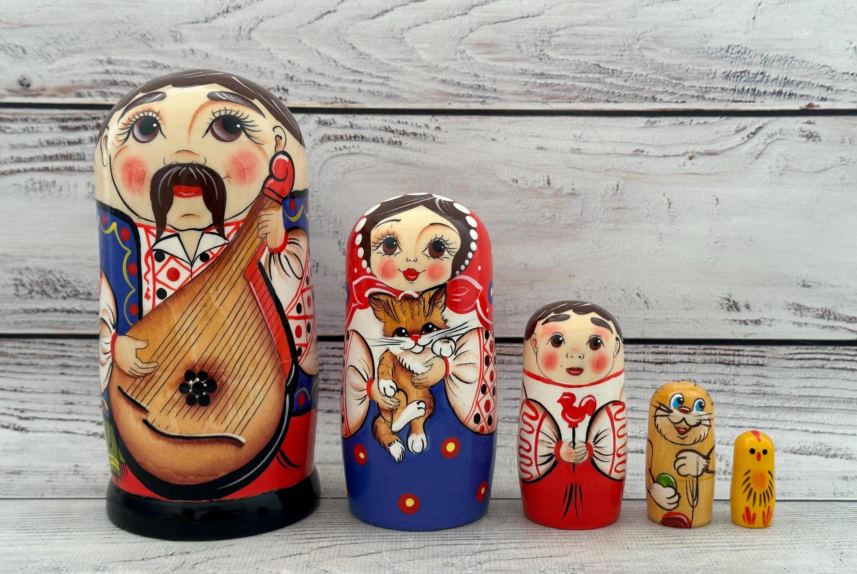 Ukrainian Family Hand Painted Nesting Doll 5 pieces, Ukrainian Doll 6.69'' or 17 cm, Wooden Toy, Home Decor, Kids Gift, Kids Room Decor