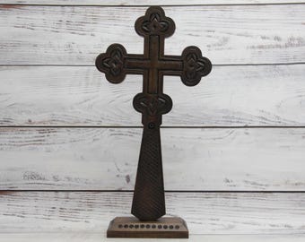 Hand Carved Walnut Wood Orthodox Cross, Ukrainian Folk Art Home Decor