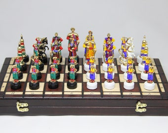 Wooden Board Chess Set 17,72'' 45 cm, Hand Painted Figures Ukrainian Kozak Handmade Souvenir Chess, Table Game, Gift for Him, Gift ForFather