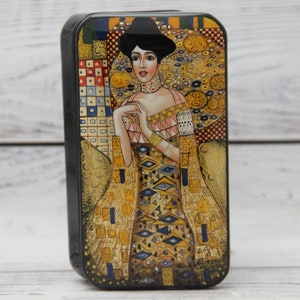 Caja de laca ucraniana, Escuela de pintura artística Fedoskino, Gustav Klimt, hecha a mano, pintada a mano, papel maché, caja de joyería