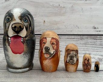 Handcrafted Dog Breed Nesting Dolls, 5 Piece Wooden Matryoshka
