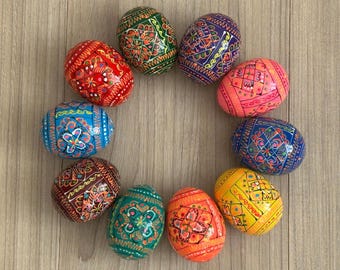 Hand Painted Wooden Christmas Egg Ukrainian Pysanka Petrykivka Pysanky Set of 10 Different Eggs Floral Folk Gift   Made In Ukraine