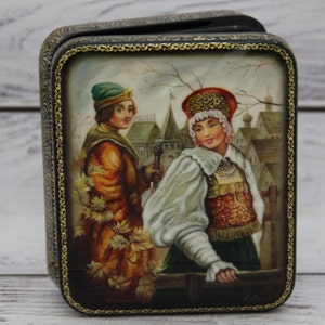 Caja de laca ucraniana única, escuela de pintura artística Fedoskino, retrato, hecha a mano, pintada a mano, papel maché, caja de joyería