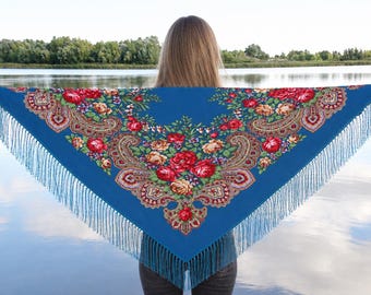 Wollen sjaal met bloemen, etnische babushka-sjaal, boho-styling