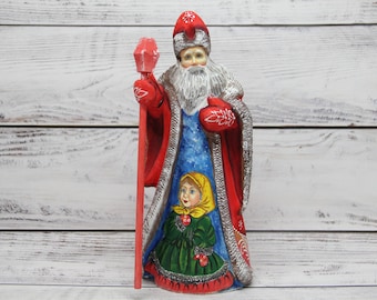 Hand Carved Ukrainian Santa Wood Figurine, Hand Painted Christmas Decor (8.66")