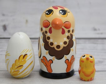 Chicken Ukrainian Nesting Doll 3.93'' or 10 cm, Hand Painted Doll 3 pcs, Funny Gifts, Kids Room Decor, Kids Gift, Wood Gift for Kids