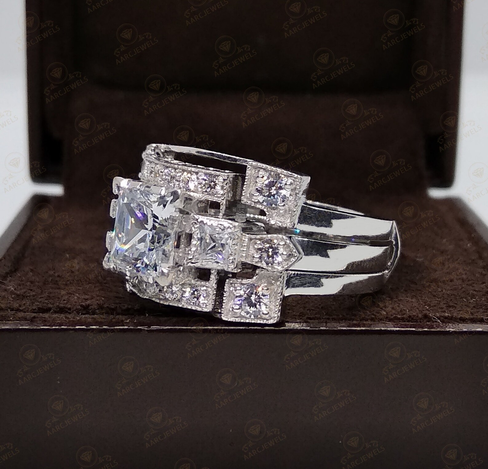 2.28 Ct Princess Cut Cz Diamond Halo Ring Wrap Guard Insert Etsy