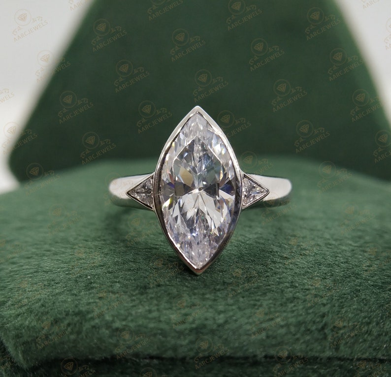 Three Stone Ring, 2 shops CT Marquise Cut Diamond Engagement Ring, Marquise & Trillion Wedding Ring, Bezel Set Ring, Sterling Silver Marquise Ring