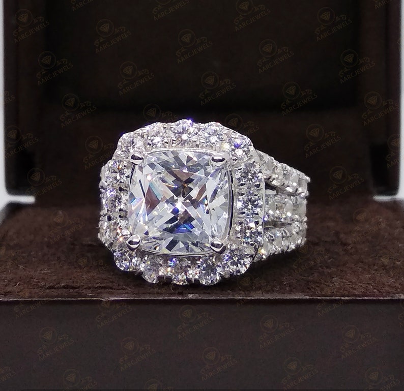 Womens Hollywood Star Inspired Ring 3.50 Ct Brilliant Cushion Cut Cz Diamond Engagement Ring 3 Row Shank Ring Large Halo Ring Cocktail Ring