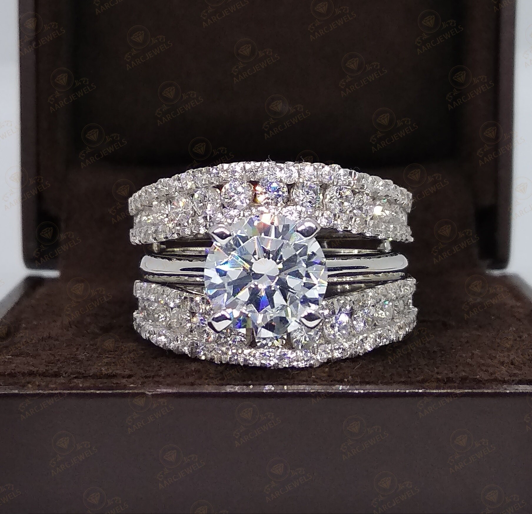 925 Sterling Silver Princess CZ Wedding Engagement Ring Guard & Band Set  2.10ct 
