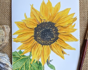 Watercolor Sunflower Card, Original Art Print, Blank Inside