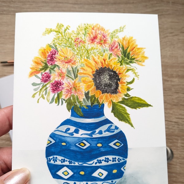 Cheerful Sunflowers in Blue Vase Watercolor Print Card, Birthday Card, Happy Birthday, Or No Greeting.