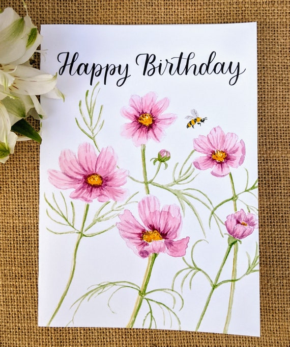 Bees and Pink Cosmos Birthday | Greeting Card Bees and Pink Cosmos Birthday | Greeting Card