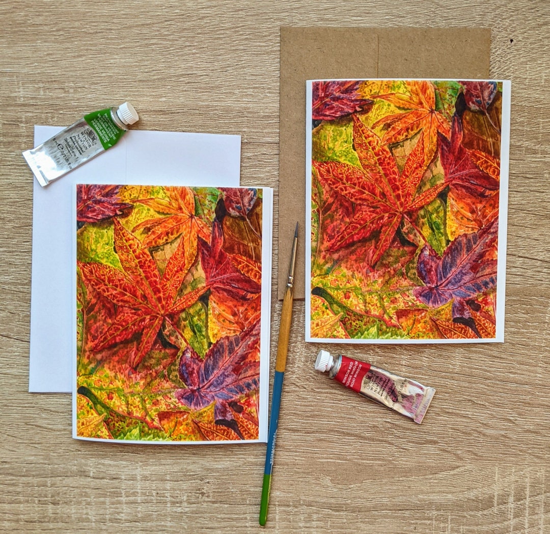 Watercolor Autumn Leaves Card, Handmade Fine Art Print - Etsy