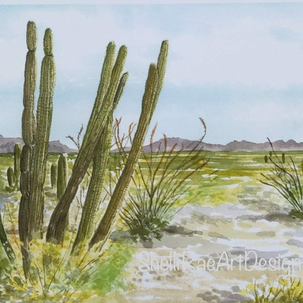 Desert Landscape Watercolor Print, Organ Pipe Cactus National Monument, AZ., 8 X 10 Art Print, Frame-able Art,