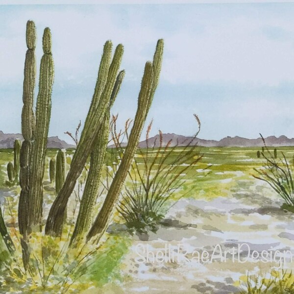 Desert Landscape Card, Organ Pipe Cactus National Monument, AZ. , Watercolor Print Card, Original Design