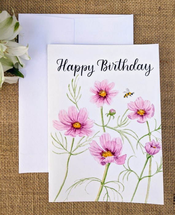 Bees and Pink Cosmos Birthday | Greeting Card Bees and Pink Cosmos Birthday | Greeting Card