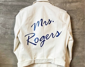 Personalized jacket, Hand painted leather jacket, custom bride jacket, bride to be, new mrs, future mrs gift, bridal shower gift.