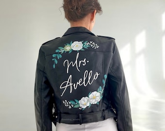 Chaqueta de cuero pintada a mano, chaqueta de cuero para mujer, chaqueta de novia, chaqueta de cuero pintada a mano