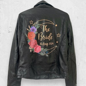 Bride jacket, custom leather bride jacket, bride gift, celestial wedding, personalized leather jacket, painted bridal jacket.