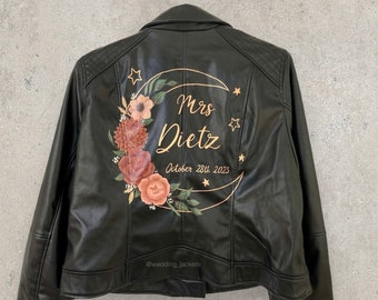 Chaqueta nupcial de piel sintética a medida, chaqueta de boda pintada a mano, atuendo para bodas al aire libre, ropa de novia celestial.