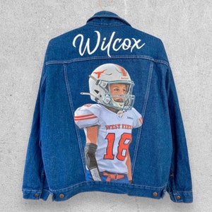 Personalized denim jacket, Custom football jean jacket, football mom, cheer mom, cheer coach gift, game day, varsity jacket.