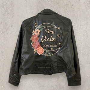 Bridal shower gift, Painted leather jacket, bride gift, wedding jacket, mrs jacket, gift for her, celestial wedding, fall wedding.