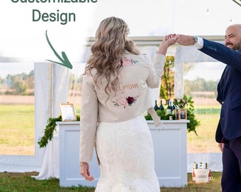 Chaqueta de cuero de novia, chaqueta de novia blanca, chaqueta de novia blanca, chaqueta de novia pintada, chaqueta de novia para boda.