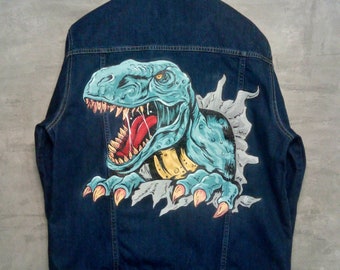 Hand painted denim jacket Dinosaur