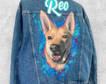 Personalized jean jacket, Custom painted jean jacket, dog face jacket, dog portrait, custom dog gift, dog owner gift, pet painting.
