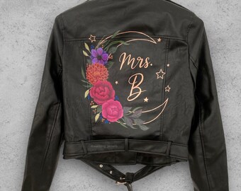 Personalized Jacket, Custom Leather Jacket, Celestial Bride Jacket, Painted Wedding Jacket, Fall Wedding, Mrs Jacket, Anniversary Gift.