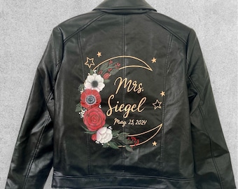 Celestial wedding jacket, painted leather jacket, Bride gift, bridal shower gift, custom mrs jacket, future mrs gift, bride to be gift.