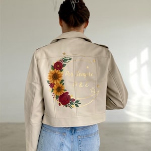 Painted bridal jacket, Personalized mrs jacket, White Leather Jacket, Celestial wedding, wedding jackets & coats, sunflower wedding.