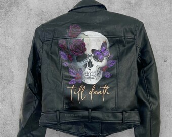 Custom leather jacket, painted leather jacket, skull jacket, punk leather jacket, goth wedding, goth bride, bride leather jacket