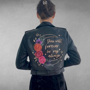 Painted leather jacket, bride leather jacket, floral wedding jacket, wedding leather jacket