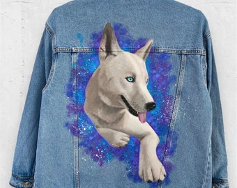 Chaqueta vaquera personalizada, chaqueta vaquera pintada, retrato de perro personalizado, chaqueta con cara de perro, retrato de mascota, regalo para amantes de los perros, pintura a partir de una foto.