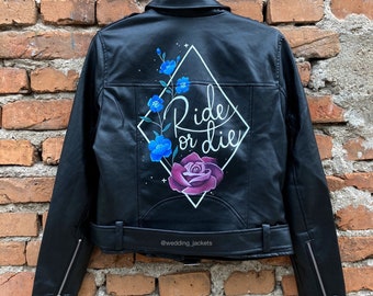 Chaqueta de novia personalizable, chaqueta de cuero pintada, chaqueta de novia para toda la vida, regalo para la despedida de soltera, regalo para la fiesta nupcial, regalo para la despedida de soltera.