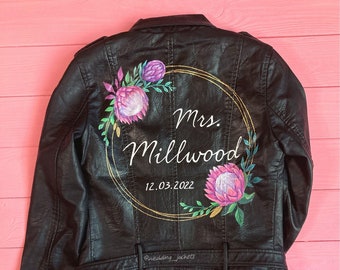 Chaqueta de cuero pintada a mano para novia, chaqueta nupcial personalizada, chaqueta de motera para la Sra., chaqueta de boda, futura novia, regalo de aniversario.