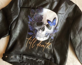 Bridal shower gift, Wedding leather jacket, bride skull jacket, custom bride jacket, painted bride jacket, biker bride jacket.