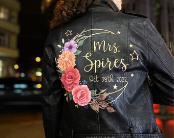 Bride gift, Bride leather jacket, Custom wedding jacket, painted bride jacket, painted leather jacket.
