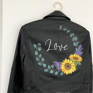 Veste en cuir peinte tournesol, veste en cuir femme, veste de mariée, future mariée, cadeau de Mme, veste de mariée tournesol, veste de Mme
