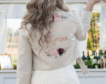 Bridal shower gift, Bride leather jacket, white wedding jacket, white bride jacket, painted bride jacket.