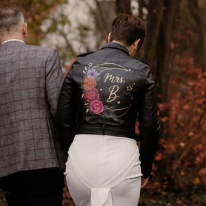 Bridal shower gift, Personalized jacket, painted leather jacket, custom bride jacket, wedding jacket, fall wedding, celestial wedding.