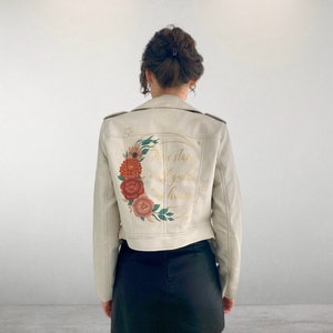 Hand-painted White Leather Bridal Jacket, White Bridal Biker Jacket, Celestial wedding bride jacket, wedding dress jacket