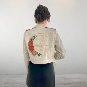 Painted leather jacket, White Leather Bridal Jacket, White Bridal Biker Jacket, Celestial wedding bride jacket, wedding dress jacket.
