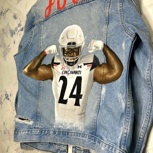 Hand Painted Denim Jacket Football Player Etsy
